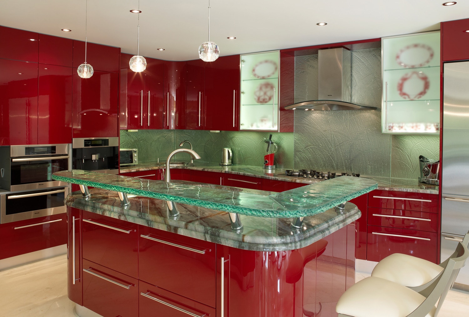glass countertops kitchen modern unusual counter bar kitchens materials countertop raised decorating breakfast material red space latest cabinets trends sink
